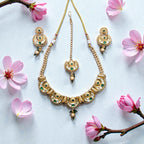 Traditional Gold Tone Crescent Motif Necklace Set with Green Stone Accents