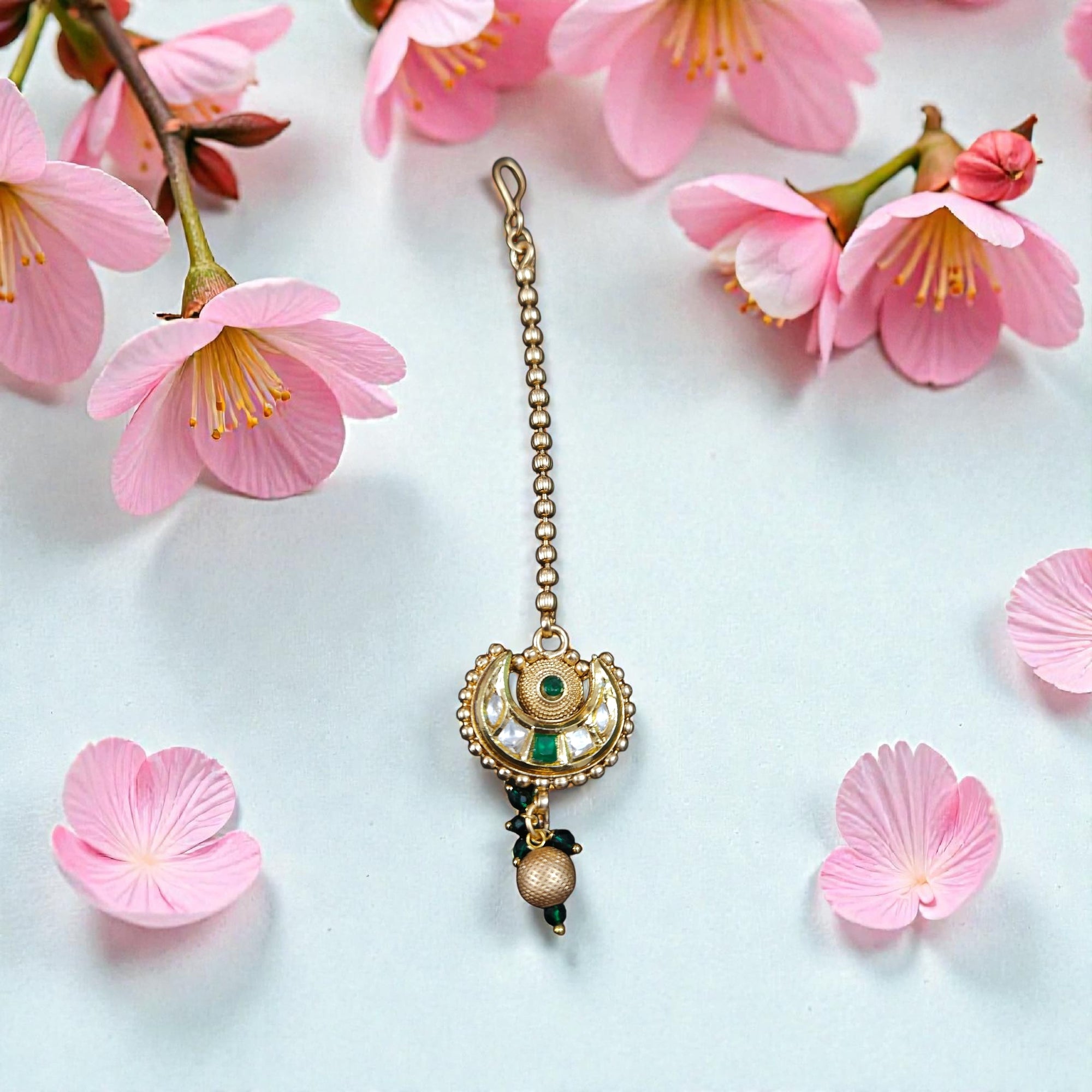 Traditional Gold Tone Crescent Motif Necklace Set with Green Stone Accents