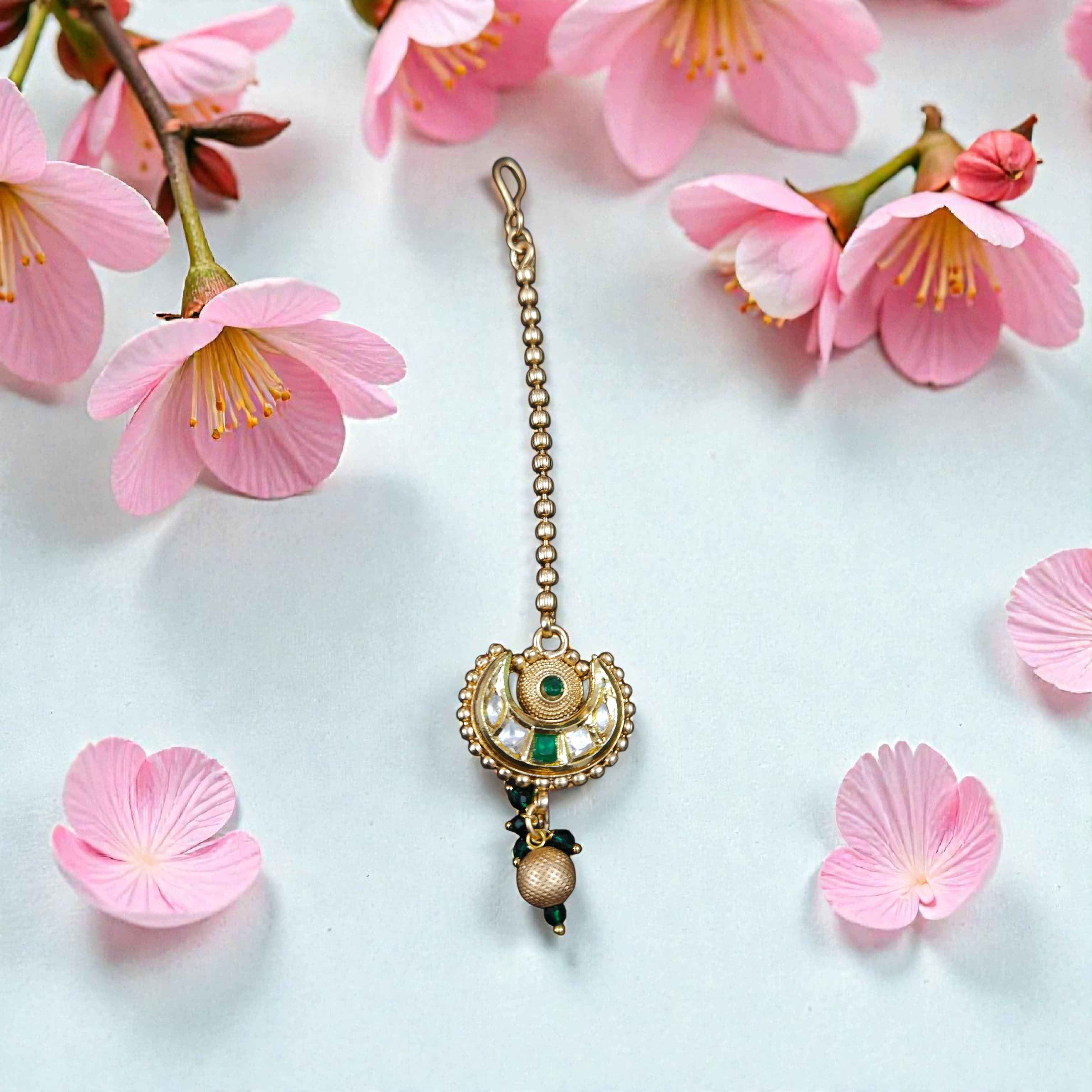 Traditional Gold Tone Crescent Motif Necklace Set with Green Stone Accents