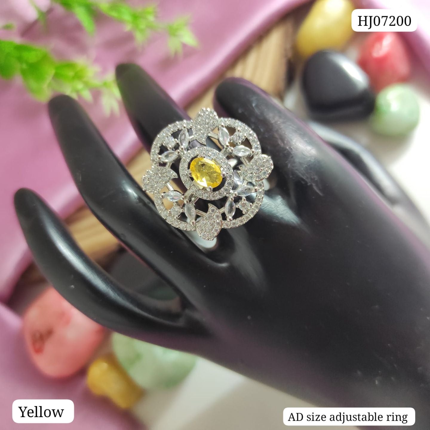 Floral American Diamond Ring with Yellow Centre Stone (Adjustable)