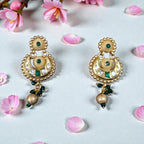 Traditional Gold Tone Crescent Motif Necklace Set with Green Stone Accents