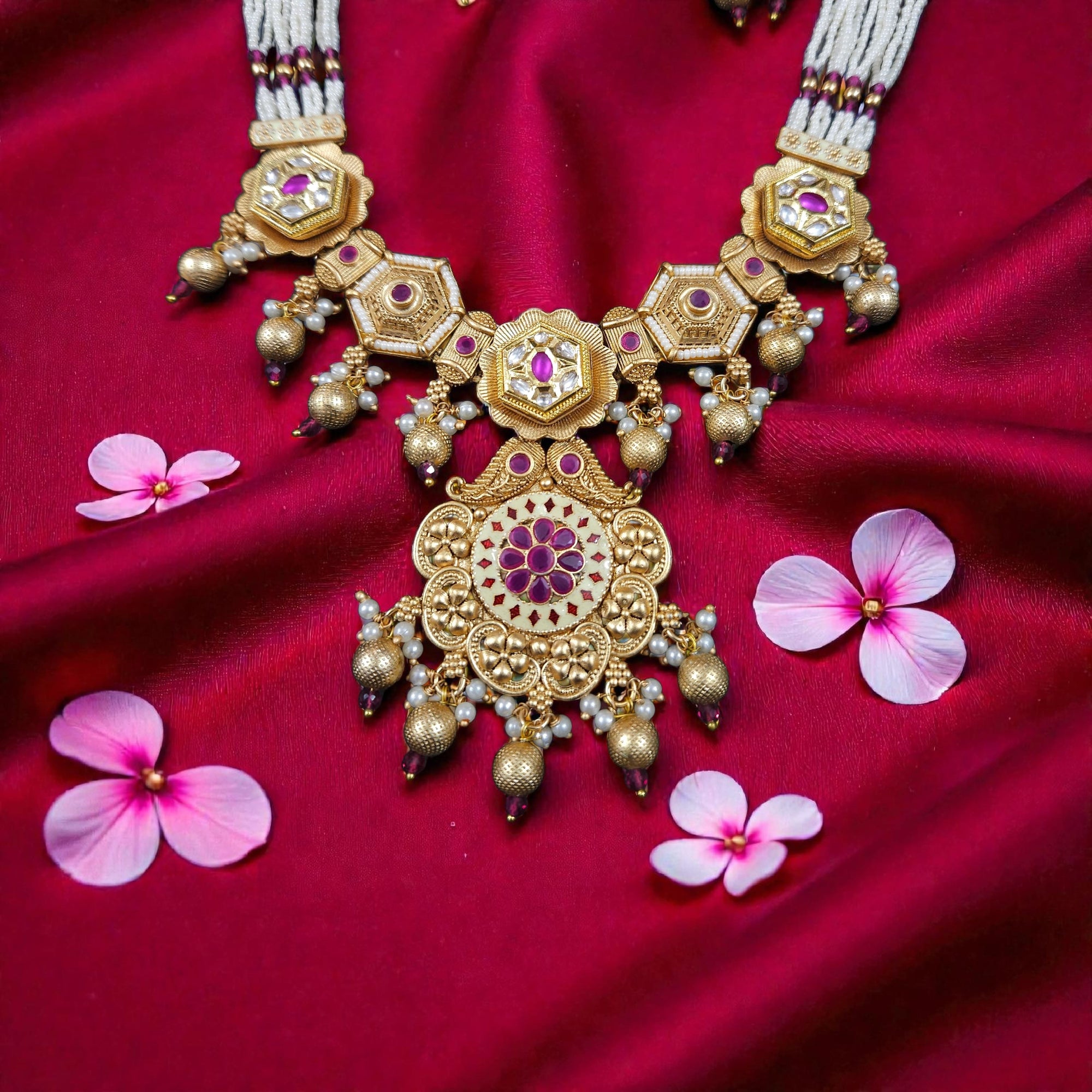 Traditional Gold Plated Meenakari Beaded Stone Necklace Set with Earrings & Maang Tikka