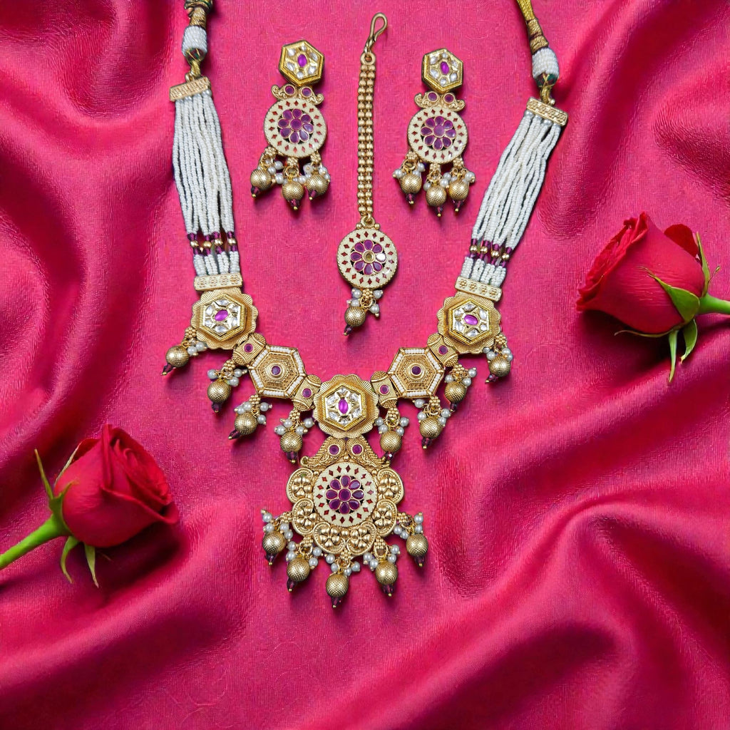Traditional Gold Plated Meenakari Beaded Stone Necklace Set with Earrings & Maang Tikka
