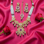 Traditional Gold Plated Meenakari Beaded Stone Necklace Set with Earrings & Maang Tikka