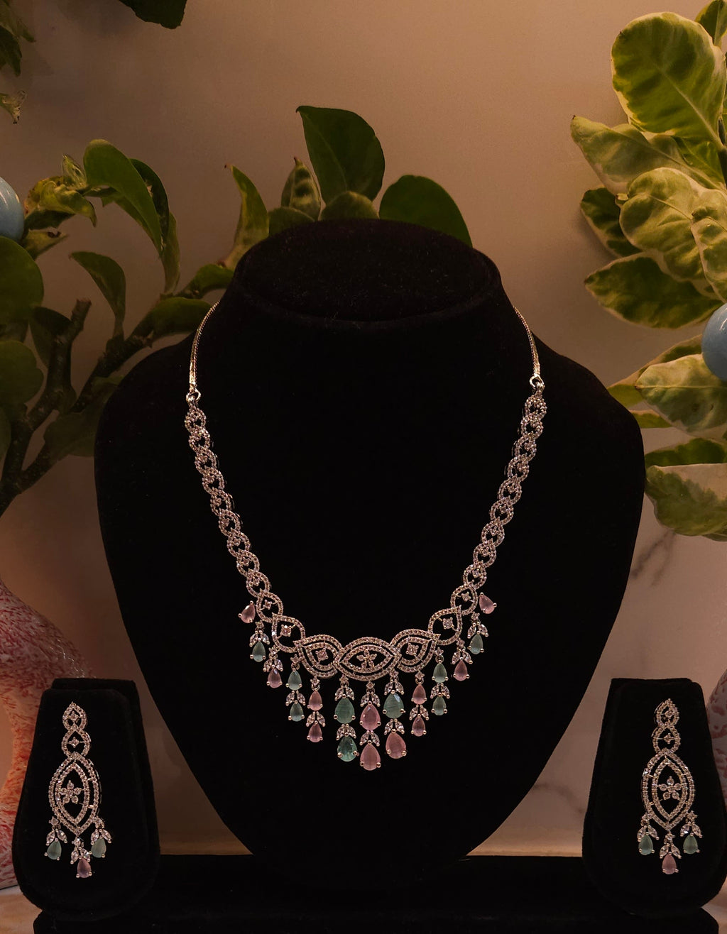 Multicolour American Diamond Necklace Set with Earrings – Premium Stone-Studded Bridal & Party Wear