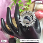 Floral American Diamond Adjustable Ring with Blue & Mint Centre Stone