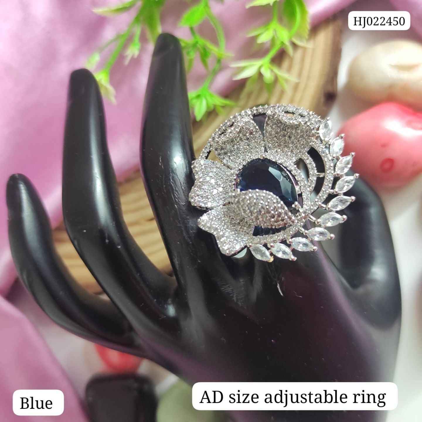 Floral American Diamond Adjustable Ring with Blue & Mint Centre Stone