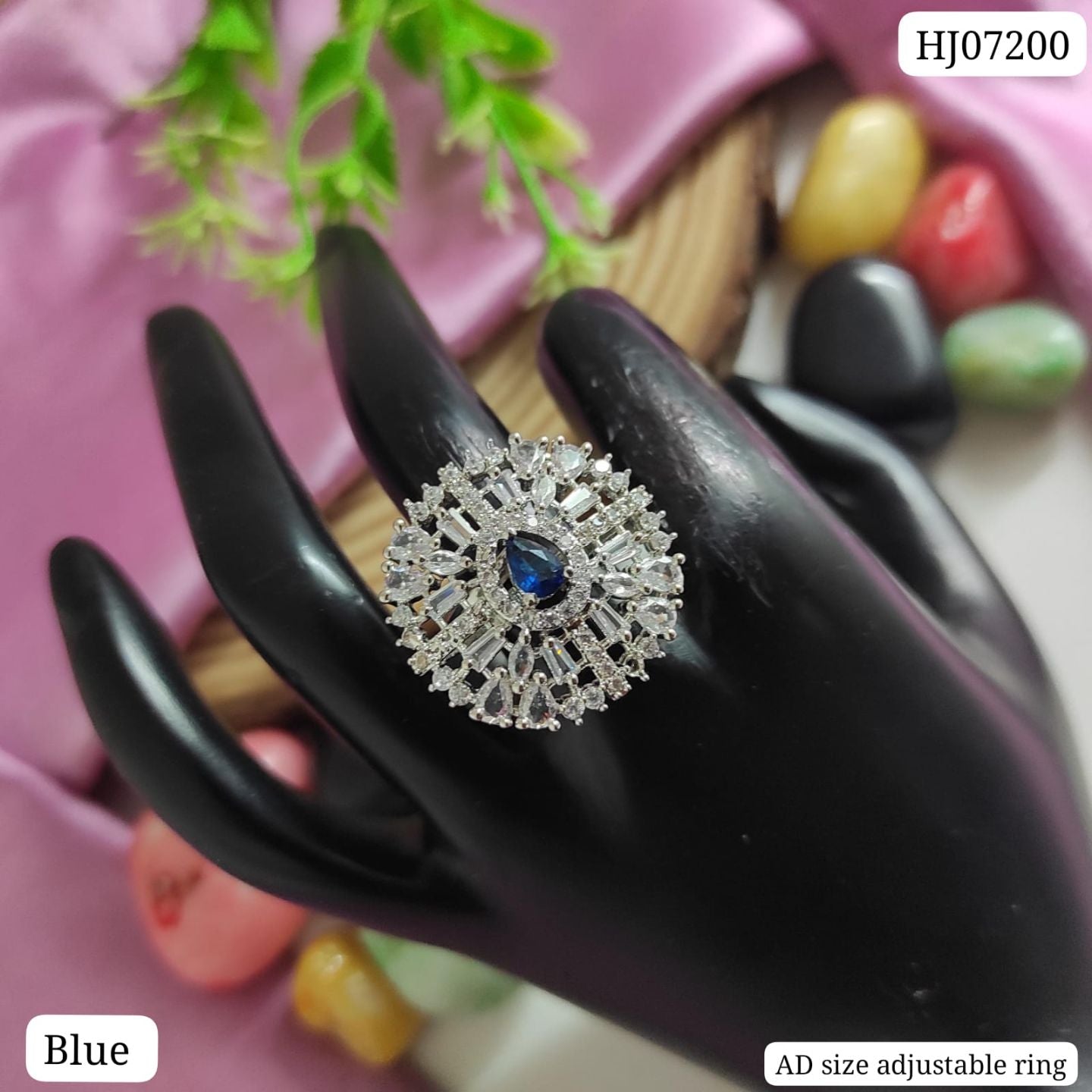 American Diamond Floral Halo Adjustable Ring – Red | Blue | Green