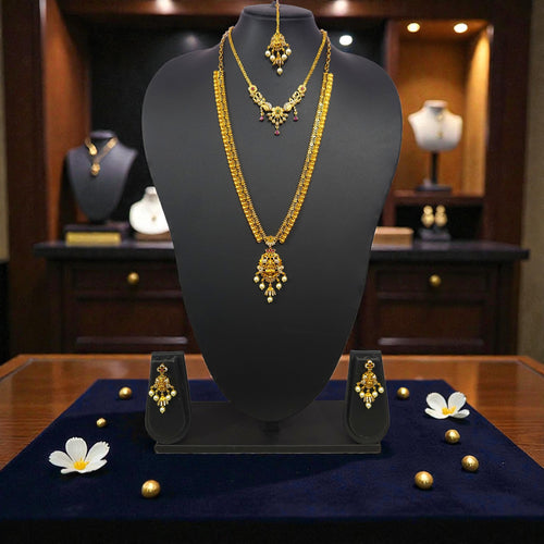 Antique Gold-Finish Lakshmi Temple Combo Necklace Set with Choker, Earrings & Maang Tikka
