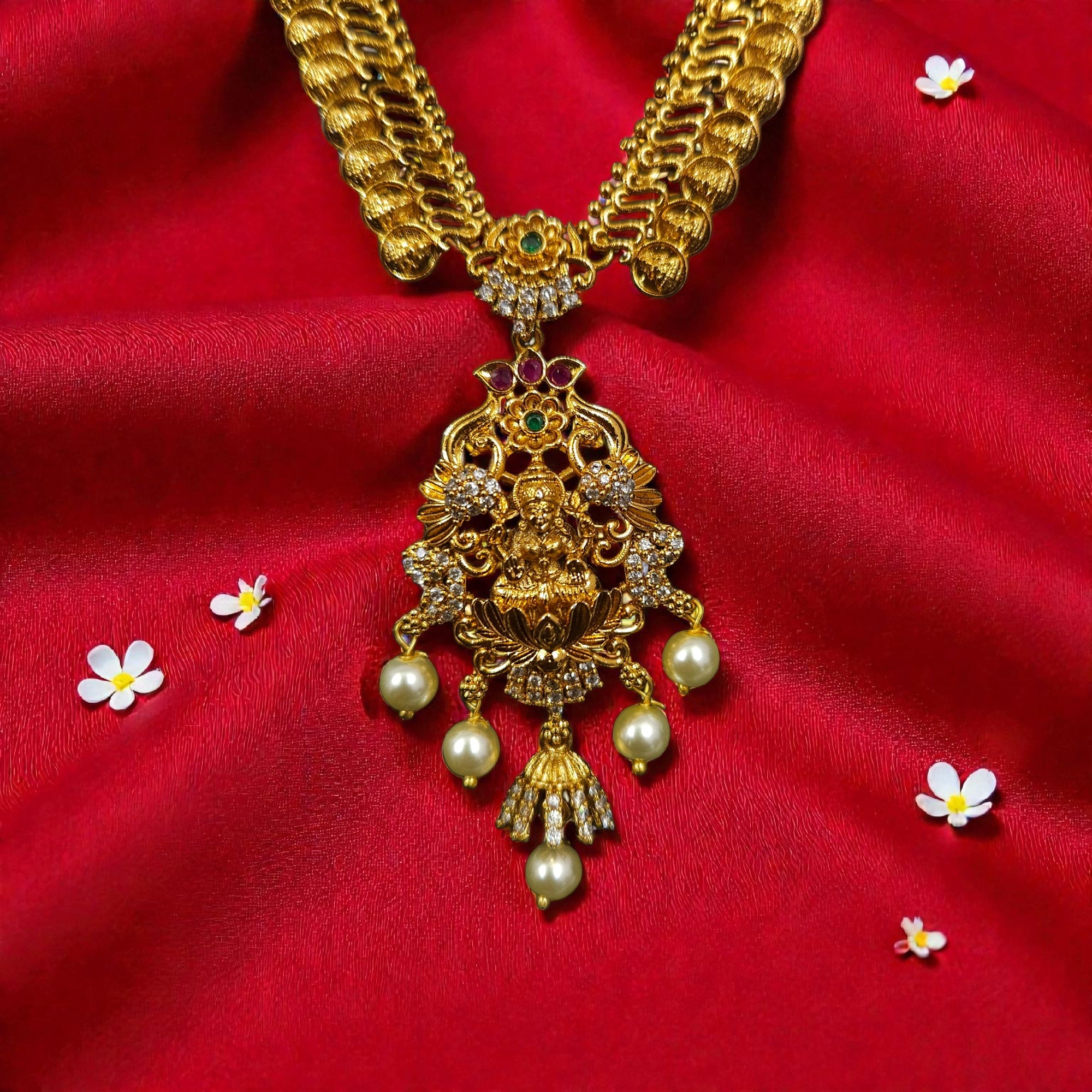 Antique Gold-Finish Lakshmi Temple Combo Necklace Set with Choker, Earrings & Maang Tikka