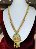 Gold Plated Lakshmi Temple Necklace Set with Green Stone Accents