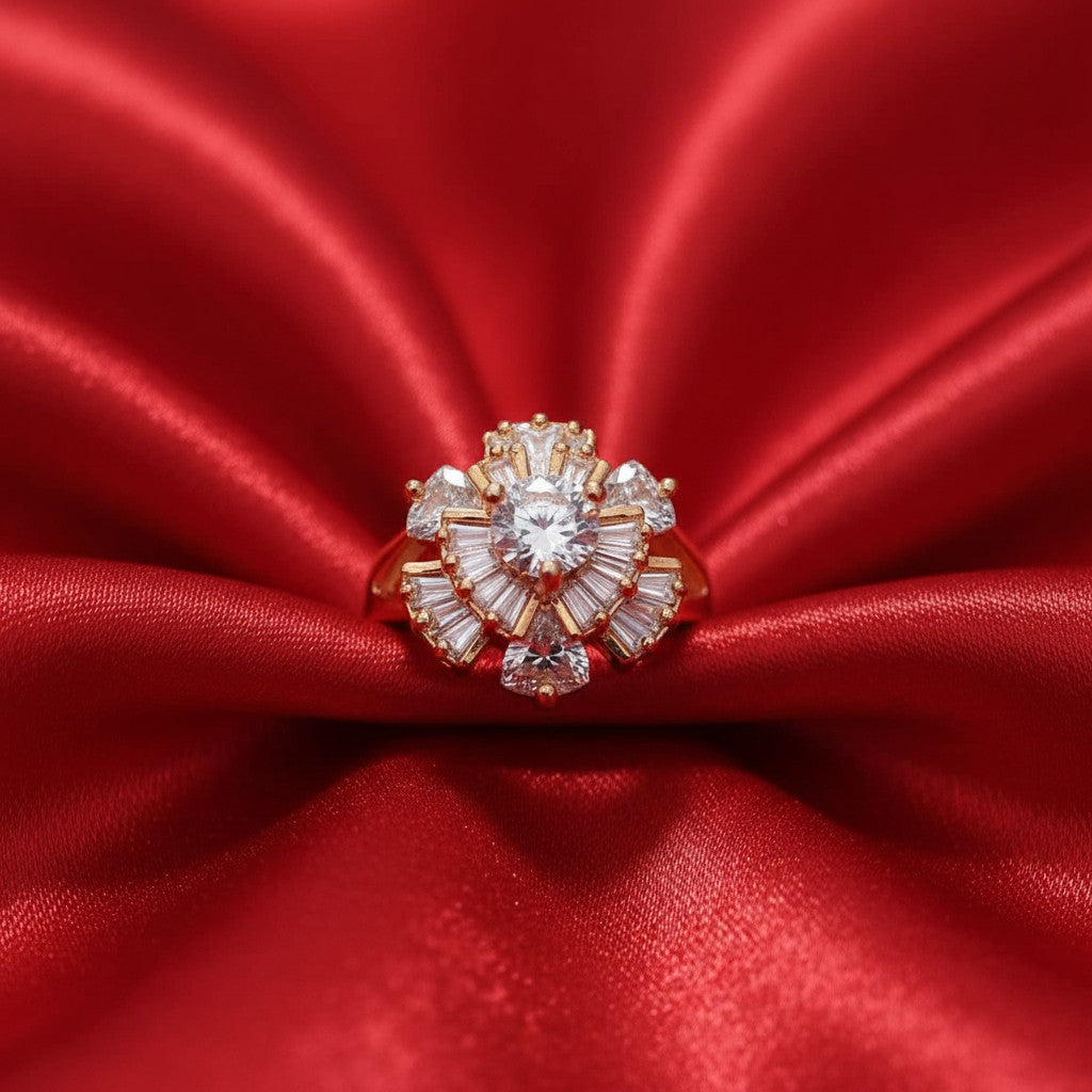 Shangri rose gold plated cocktail ring featuring a floral American Diamond design on a red satin background