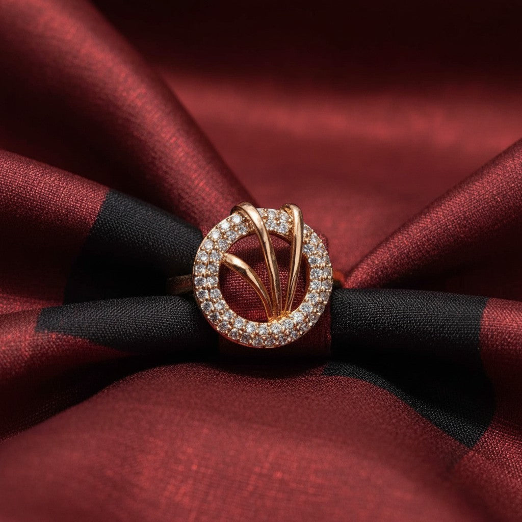 Shangri rose gold plated circular halo ring featuring sparkling American Diamond stones and interlaced gold accents.