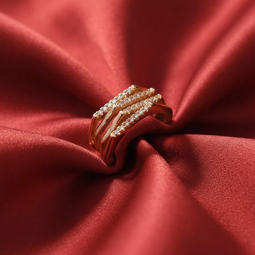 Shangri rose gold plated multi-band ring featuring sparkling Austrian stones on a red satin background.
